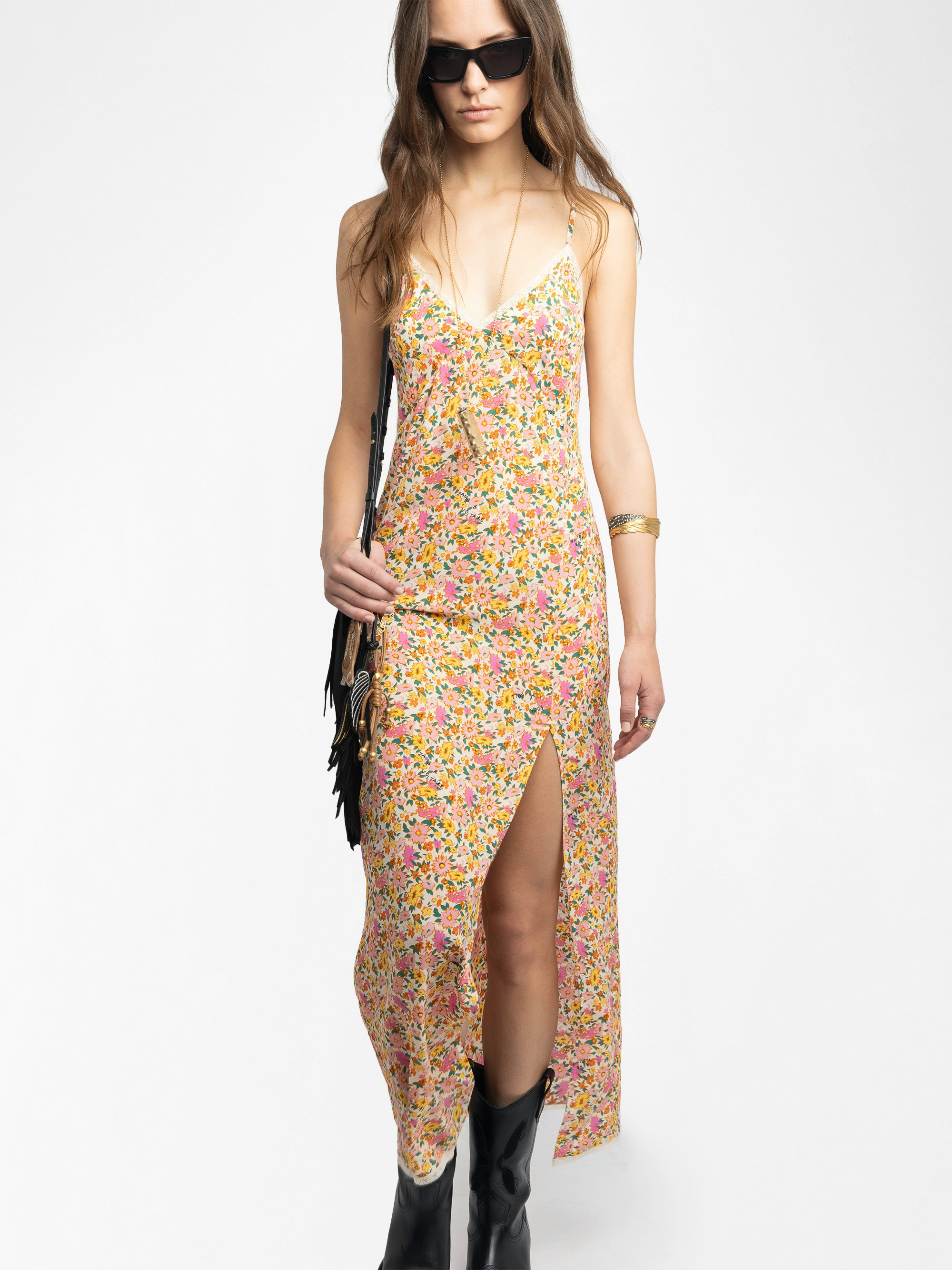 Rameli Floral Lace Maxi Dress - Long lingerie-inspired dress in printed viscose, with slit, adjustable straps, wing embroidery on the back and lace details.